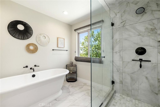 2666 Peacock Pl, La Verne, CA 91750 - bathroom with a stall shower, marble finish flooring, a freestanding tub, and recessed lighting