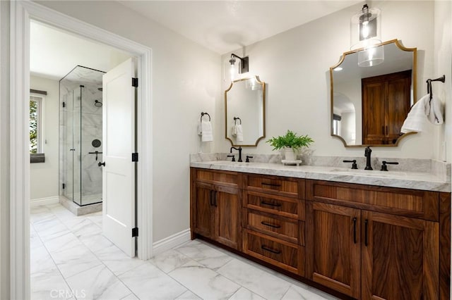 2666 Peacock Pl, La Verne, CA 91750 - full bathroom featuring marble look tile flooring, a shower stall, and double vanity