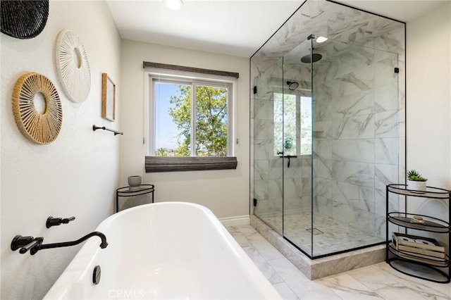 2666 Peacock Pl, La Verne, CA 91750 - bathroom featuring marble finish floors, a shower stall, and a freestanding tub