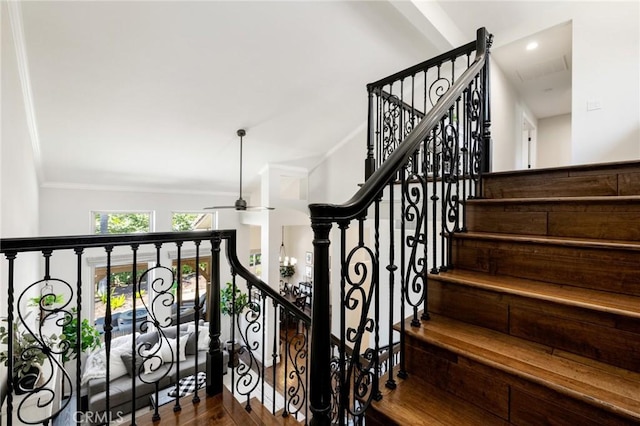 2666 Peacock Pl, La Verne, CA 91750 - staircase featuring ceiling fan, wood finished floors, ornamental molding, and recessed lighting