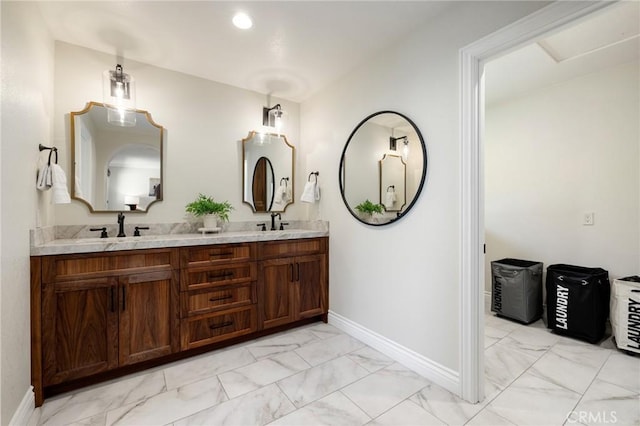 2666 Peacock Pl, La Verne, CA 91750 - bathroom with marble look tiles, double vanity, and recessed lighting