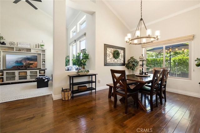 2666 Peacock Pl, La Verne, CA 91750 - dining space with ornamental molding, a chandelier, high vaulted ceiling, dark wood-style floors, and ceiling fan
