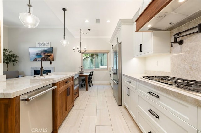 2666 Peacock Pl, La Verne, CA 91750 - kitchen with appliances with stainless steel finishes, range hood, brown cabinetry, crown molding, and light tile patterned flooring