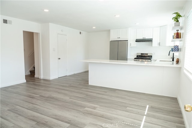 41 Scottsdale S, Carson, CA 90745 - kitchen featuring stainless steel appliances, open shelves, a peninsula, under cabinet range hood, and light countertops