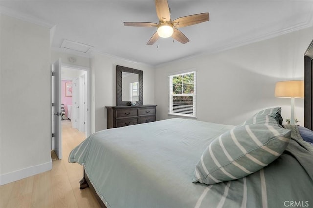 5535 W 142nd Pl, Hawthorne, CA 90250 - bedroom with attic access, light wood-style flooring, crown molding, and a ceiling fan