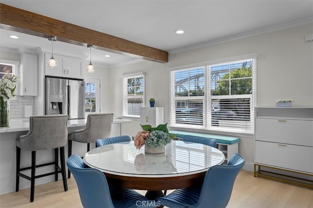 5535 W 142nd Pl, Hawthorne, CA 90250 - dining room with beam ceiling, light wood-type flooring, recessed lighting, and ornamental molding
