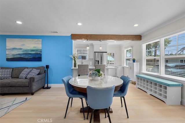 5535 W 142nd Pl, Hawthorne, CA 90250 - dining area featuring recessed lighting, crown molding, light wood-style flooring, and radiator heating unit