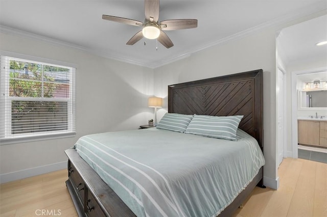 5535 W 142nd Pl, Hawthorne, CA 90250 - bedroom featuring light wood-style floors, crown molding, ensuite bath, and a ceiling fan
