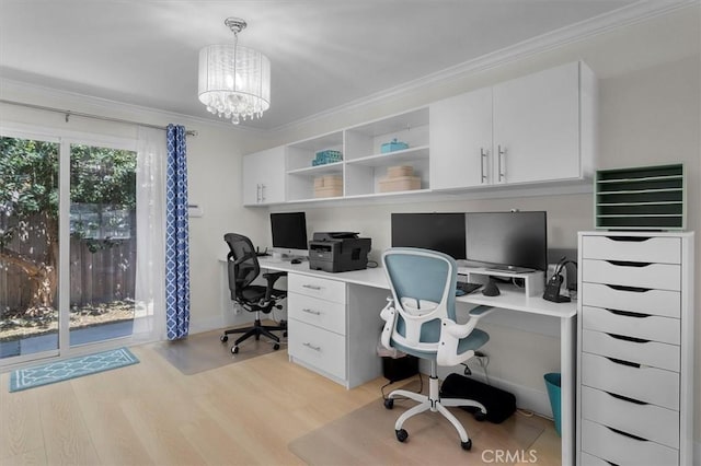 5535 W 142nd Pl, Hawthorne, CA 90250 - home office with light wood-type flooring, crown molding, and a chandelier