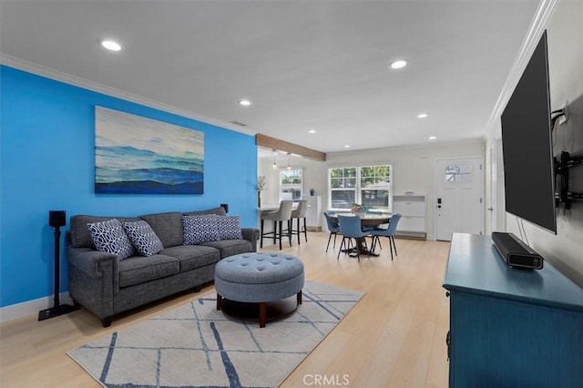 5535 W 142nd Pl, Hawthorne, CA 90250 - living room with crown molding, recessed lighting, and light wood-style floors