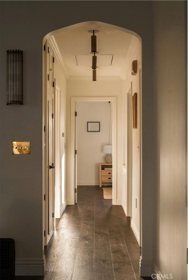 4730 Angeles Vista Blvd, View Park, CA 90043 - hall featuring arched walkways, dark wood-type flooring, and ornamental molding
