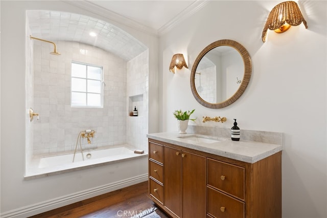 4730 Angeles Vista Blvd, View Park, CA 90043 - bathroom with vanity, crown molding, tub / shower combination, and wood finished floors