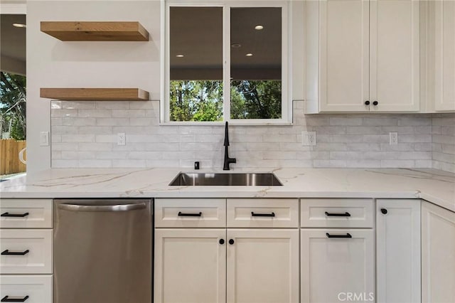 5909 Del Mar Ave, Paradise, CA 95969 - kitchen featuring dishwasher, open shelves, and white cabinets