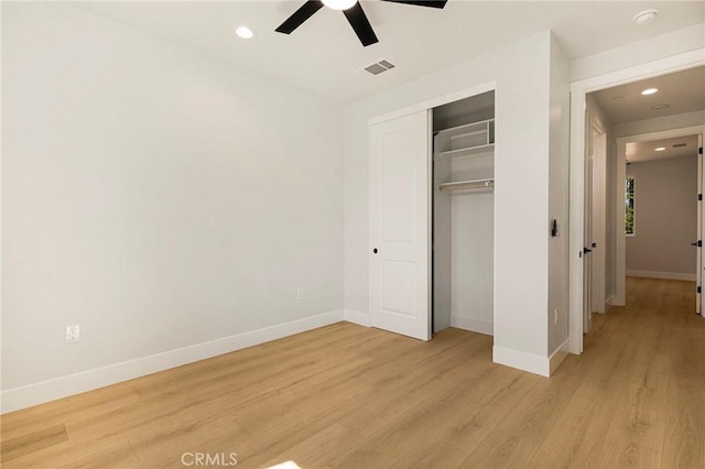 5909 Del Mar Ave, Paradise, CA 95969 - unfurnished bedroom featuring light wood finished floors, recessed lighting, a closet, and a ceiling fan
