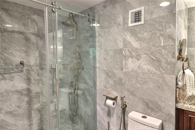 182 Denslow Ave, Los Angeles, CA 90049 - bathroom with vanity, a shower stall, and tile walls
