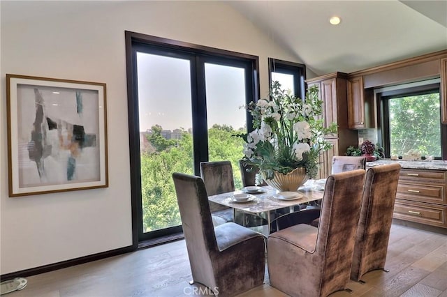 182 Denslow Ave, Los Angeles, CA 90049 - dining room with lofted ceiling, light wood-style flooring, and recessed lighting