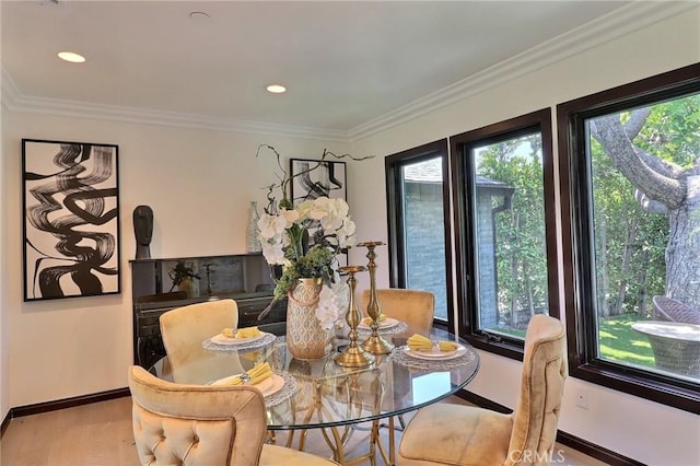 182 Denslow Ave, Los Angeles, CA 90049 - dining room featuring wood finished floors, crown molding, and recessed lighting