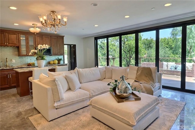 182 Denslow Ave, Los Angeles, CA 90049 - living room featuring a chandelier, healthy amount of natural light, and recessed lighting