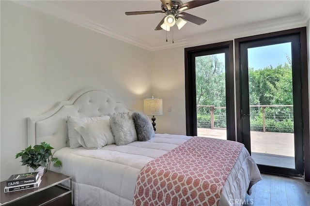 182 Denslow Ave, Los Angeles, CA 90049 - bedroom featuring ornamental molding, wood finished floors, access to exterior, and a ceiling fan