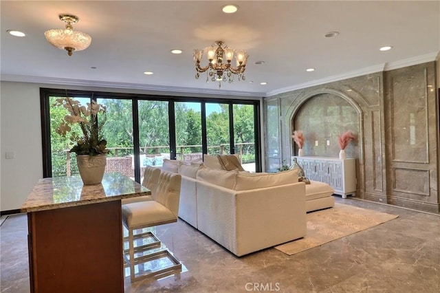182 Denslow Ave, Los Angeles, CA 90049 - living room featuring crown molding, healthy amount of natural light, recessed lighting, a chandelier, and marble tiled floors