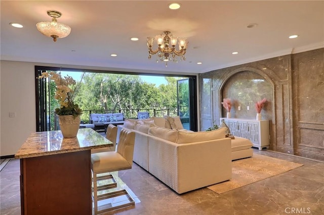 182 Denslow Ave, Los Angeles, CA 90049 - living area with marble tiled floors, recessed lighting, and a chandelier