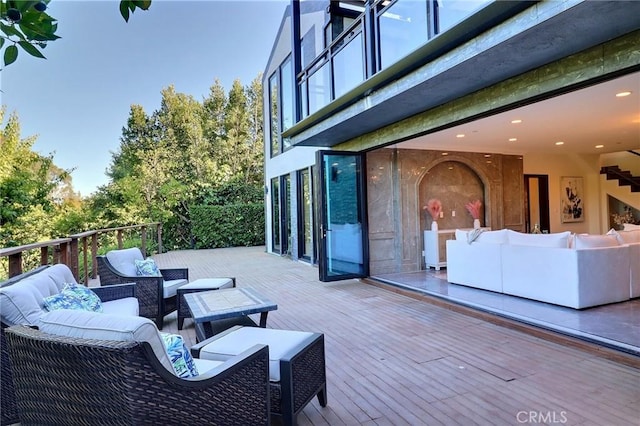 182 Denslow Ave, Los Angeles, CA 90049 - wooden terrace featuring an outdoor hangout area