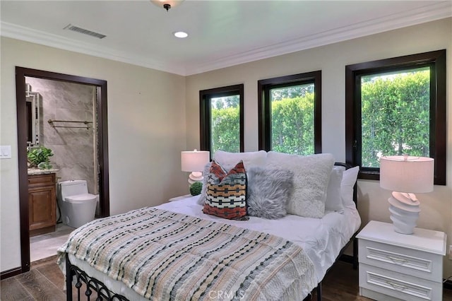 182 Denslow Ave, Los Angeles, CA 90049 - bedroom featuring wood finished floors, ensuite bath, crown molding, and recessed lighting