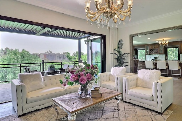 182 Denslow Ave, Los Angeles, CA 90049 - living area featuring a chandelier and ornamental molding