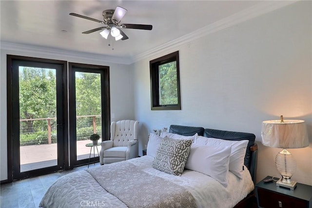 182 Denslow Ave, Los Angeles, CA 90049 - bedroom featuring access to exterior, ornamental molding, ceiling fan, and wood finished floors