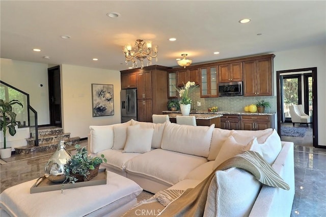 182 Denslow Ave, Los Angeles, CA 90049 - living area featuring recessed lighting, a chandelier, and stairway