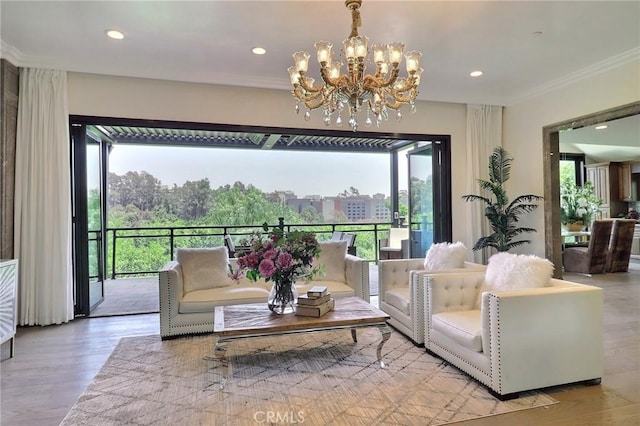 182 Denslow Ave, Los Angeles, CA 90049 - living area featuring a chandelier, crown molding, wood finished floors, and recessed lighting