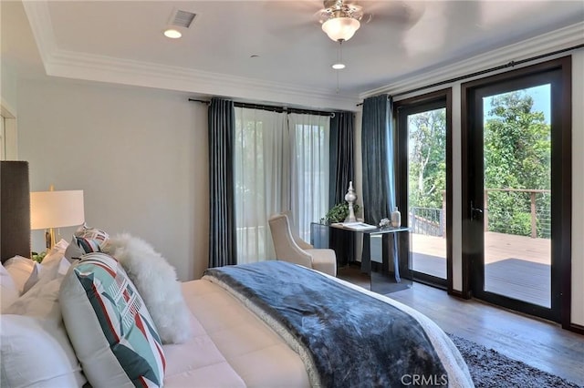 182 Denslow Ave, Los Angeles, CA 90049 - bedroom with access to outside, wood finished floors, and ornamental molding