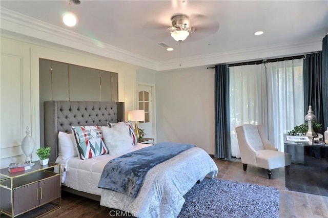 182 Denslow Ave, Los Angeles, CA 90049 - bedroom featuring crown molding, dark wood finished floors, and ceiling fan