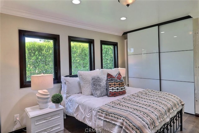 182 Denslow Ave, Los Angeles, CA 90049 - bedroom with multiple windows, ornamental molding, wood finished floors, and recessed lighting