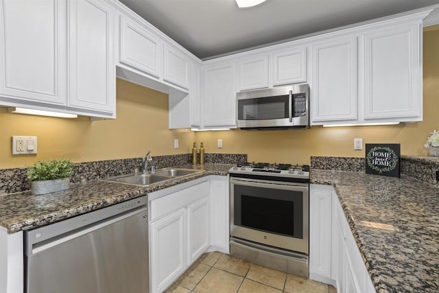 800 N Mollison Ave Unit 56, El Cajon, CA 92021 - kitchen with stainless steel appliances, white cabinetry, light tile patterned flooring, and dark stone counters