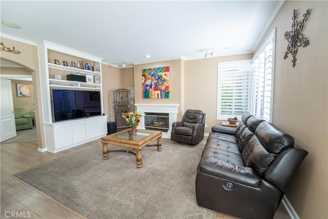 39560 Tinderbox Way, Murrieta, CA 92562 - living area featuring ornamental molding, arched walkways, a glass covered fireplace, wood finished floors, and built in features