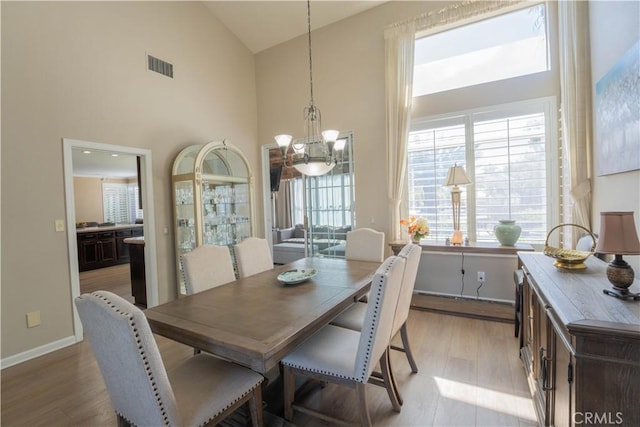 39560 Tinderbox Way, Murrieta, CA 92562 - dining area featuring a chandelier, high vaulted ceiling, and wood finished floors