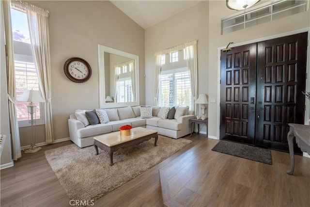 39560 Tinderbox Way, Murrieta, CA 92562 - living room featuring high vaulted ceiling and wood finished floors