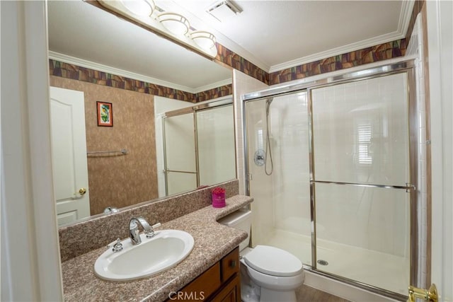 39560 Tinderbox Way, Murrieta, CA 92562 - bathroom featuring vanity, a shower stall, and crown molding