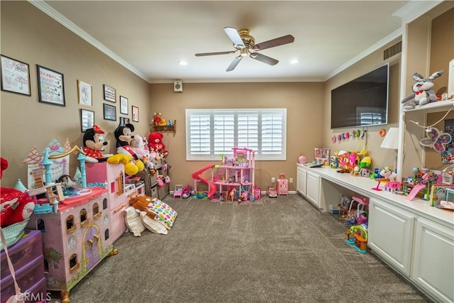 39560 Tinderbox Way, Murrieta, CA 92562 - rec room with carpet, crown molding, a ceiling fan, and recessed lighting