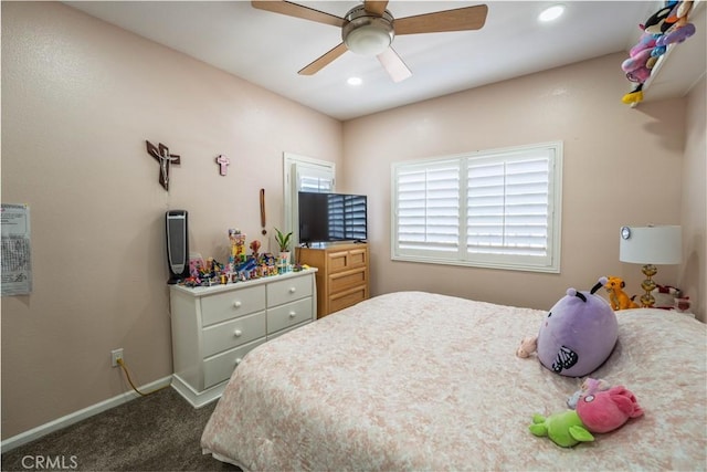 39560 Tinderbox Way, Murrieta, CA 92562 - bedroom featuring dark carpet, recessed lighting, and a ceiling fan