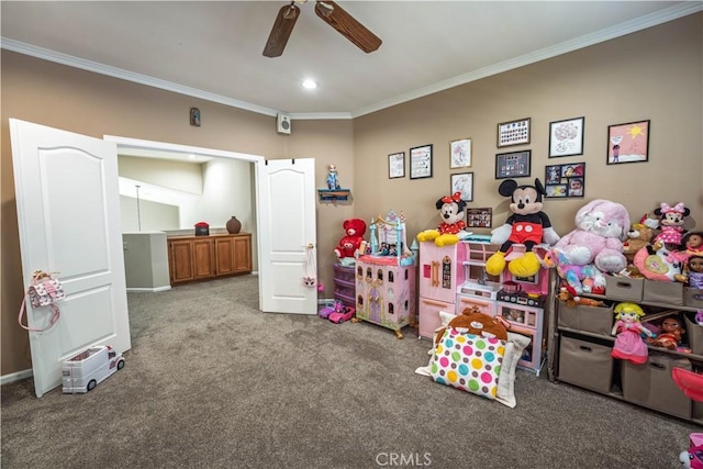 39560 Tinderbox Way, Murrieta, CA 92562 - rec room with carpet, ornamental molding, ceiling fan, and recessed lighting