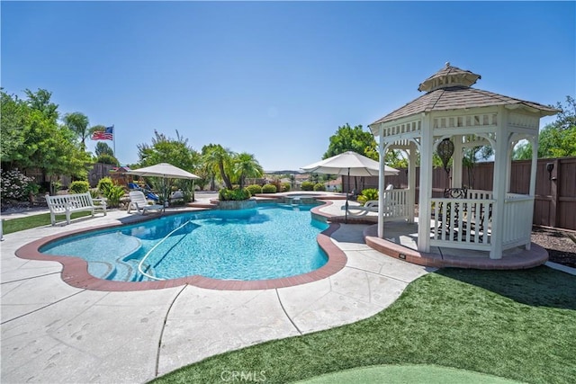 39560 Tinderbox Way, Murrieta, CA 92562 - view of swimming pool featuring a gazebo, a fenced backyard, a patio area, and a pool with connected hot tub