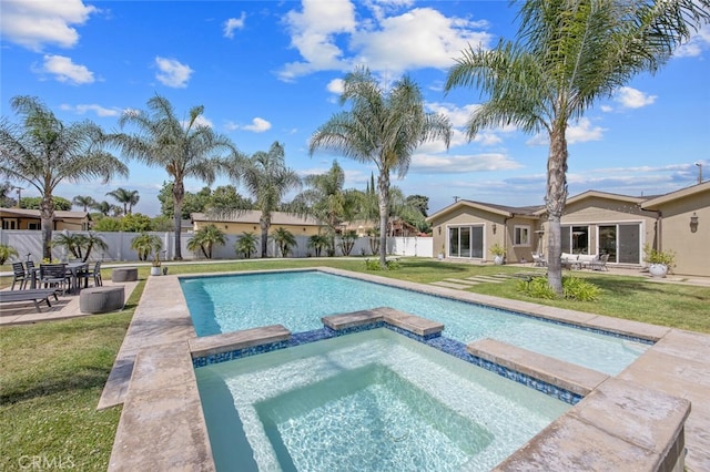 8817 Encino Ave, Sherwood Forest, CA 91325 - view of pool with a fenced backyard, a patio, and a pool with connected hot tub