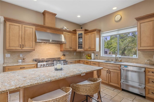 8817 Encino Ave, Sherwood Forest, CA 91325 - kitchen with wall chimney range hood, stainless steel dishwasher, stove, a breakfast bar, and tasteful backsplash
