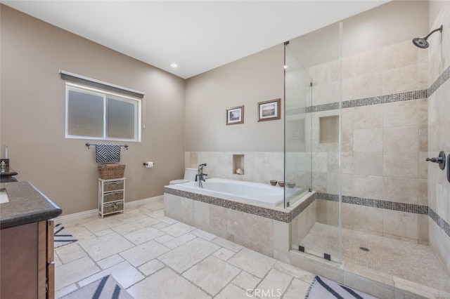 8817 Encino Ave, Sherwood Forest, CA 91325 - bathroom with a bath, a stall shower, and vanity