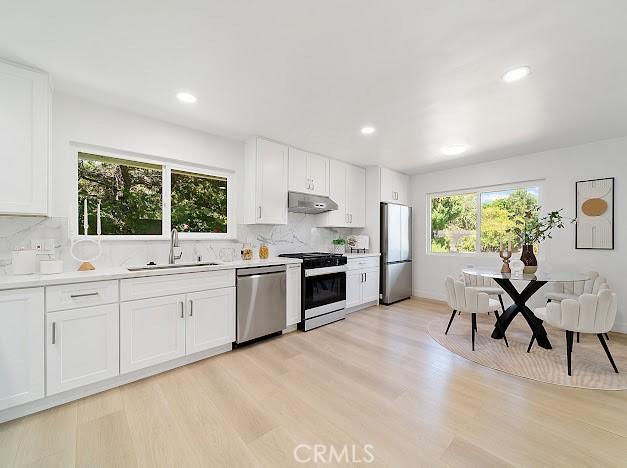 1050 Loma Verde Dr, Arcadia, CA 91006 - kitchen with stainless steel appliances, under cabinet range hood, tasteful backsplash, light wood-style flooring, and recessed lighting