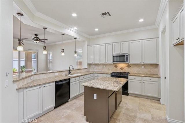5136 Via Bajamar, Hemet, CA 92545 - kitchen featuring black appliances, tasteful backsplash, ceiling fan, light stone counters, and white cabinets