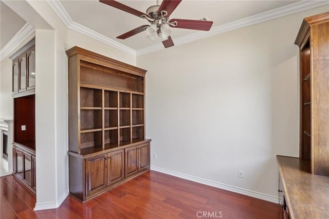 5136 Via Bajamar, Hemet, CA 92545 - interior space with dark wood-style floors, ceiling fan, and ornamental molding