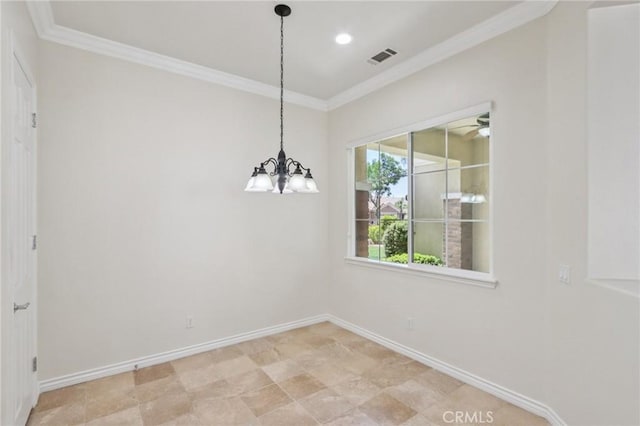 5136 Via Bajamar, Hemet, CA 92545 - unfurnished dining area with crown molding, a chandelier, and recessed lighting